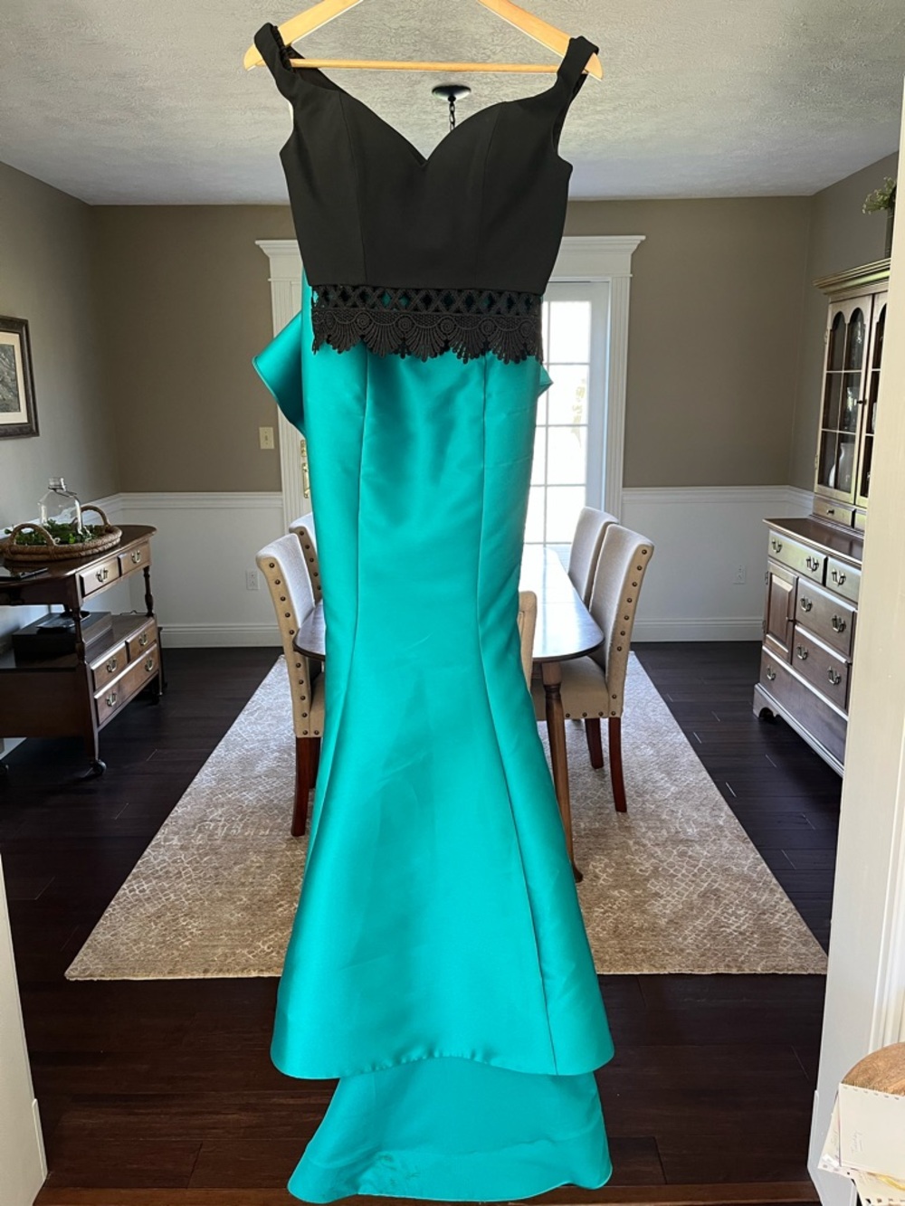 Sherri Hill Black and Teal Off-Shoulder Mermaid Gown (Modified)